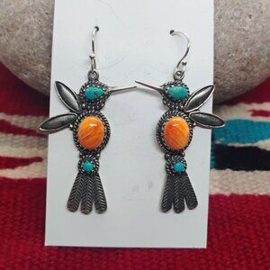 Sterling Silver Hummingbird Earrings w/Turquoise & Orange Spiny Oyster Shell